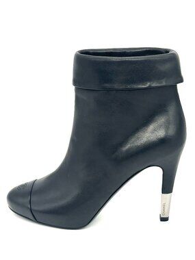 CHANEL 13B Leather Metal Heel Logo Cap Toe Cuffed Ankle Boots Shoes
